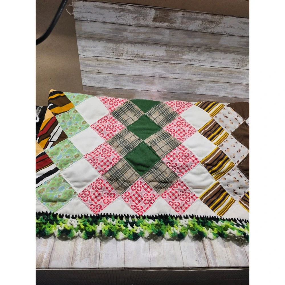 Handmade Patchwork Quilt Oversized 115x90 Multi Color Crochet Border Vintage